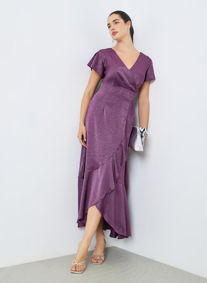 Styli Women Purple Ruffled Hem Wrap Maxi Dress - Image 5